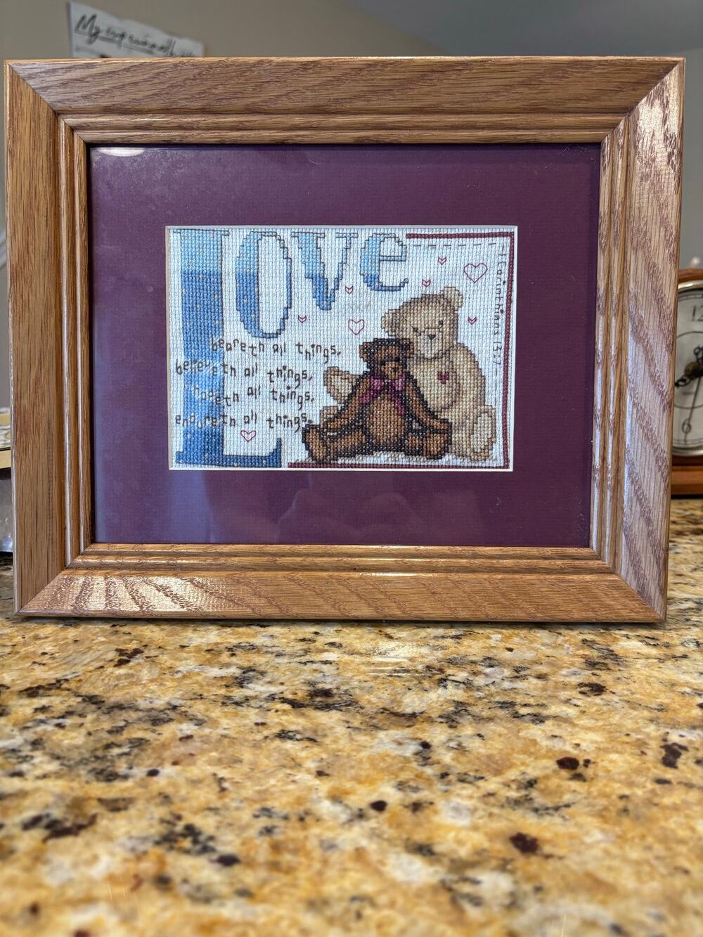 Framed 'Love' Cross-Stitch with Burgundy Mat and Wood Frame